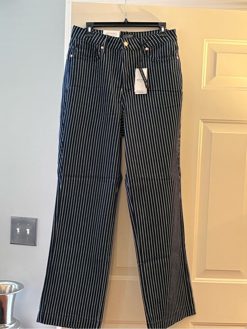 Judy Blue Navy & White Pinstripe Straight Leg Jeans
